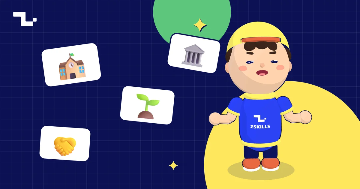 Zee, the ZSkills buddy, with cards for schools, centres, and partners