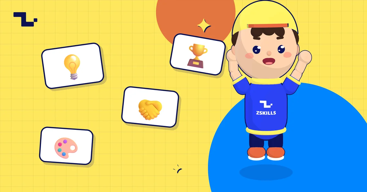 Zee, the ZSkills buddy, excited next to cards for teamwork, creativity, and leadership